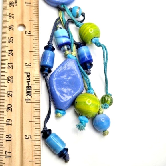 Bright Blue and Green 27" Long Ceramic and Glass Beaded Y-Drop‎ Cord Necklace - Picture 6 of 6